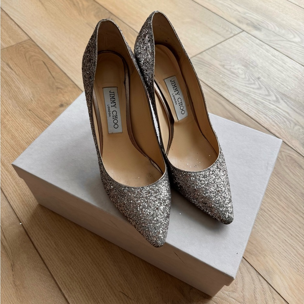 Jimmy Choo Romy 85 Glitter Tea Rose Color Pump Heels - Size 8
